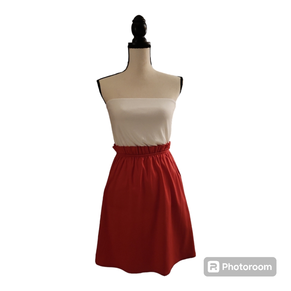 AVA D MOSS Two-Tone White Orange Strapless Elastic Ruffle Waistband Dress Size M
